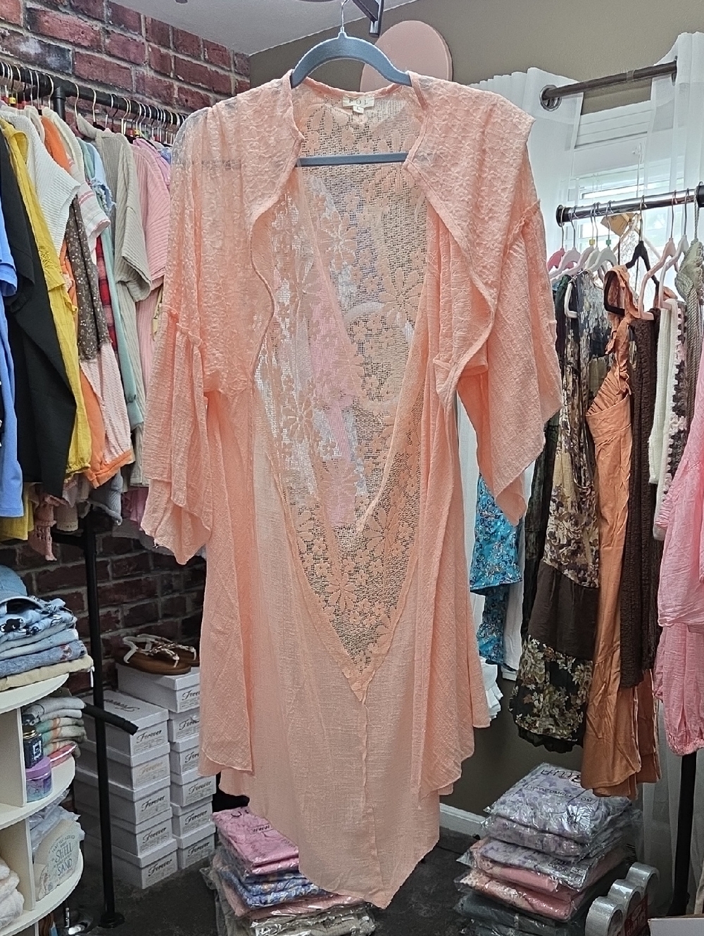 Pol Peach Lace Kimono Cover-Up